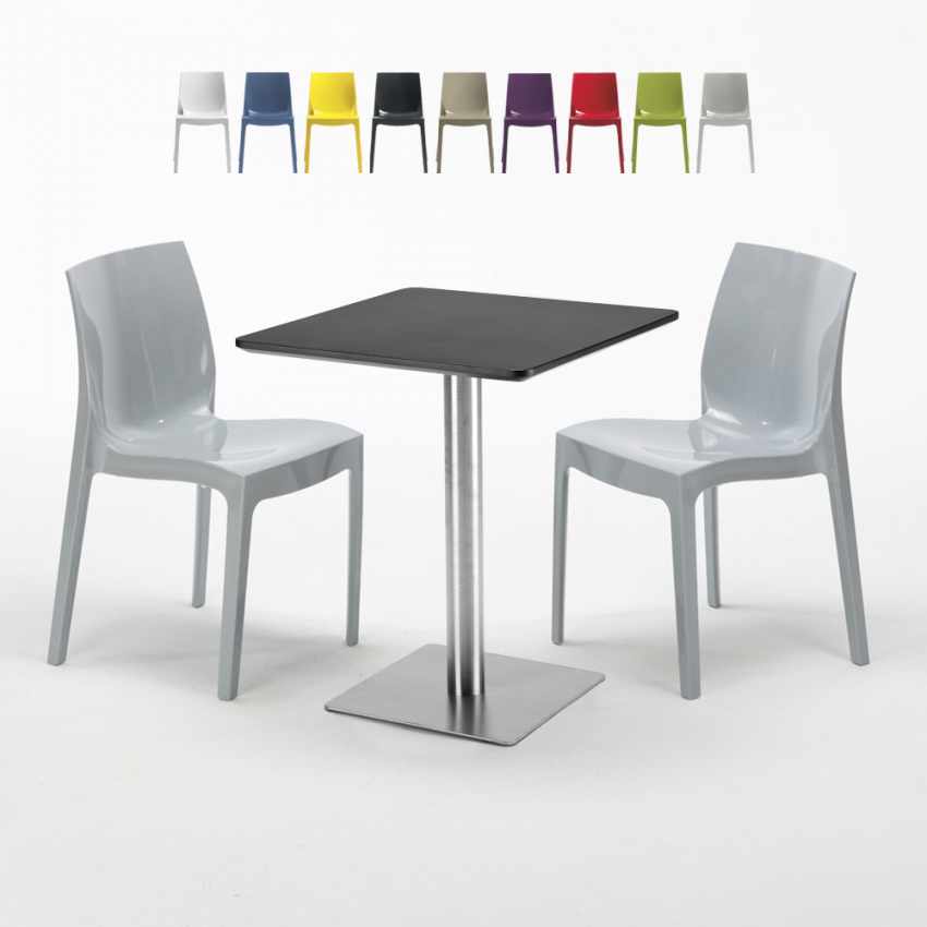 Tavolino Quadrato 60x60 cm Base Silver e Top Nero con 2 Sedie Colorate Ice Pistachio