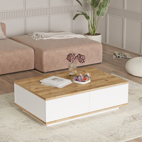 Tavolino bianco basso da salotto con 2 ante in legno 90x60cm Tynne Promozione