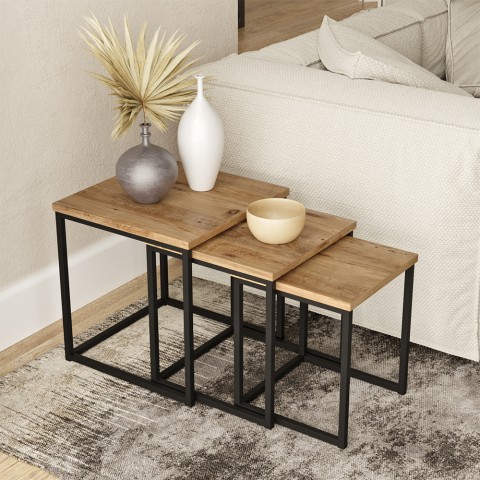 Set 3 tavolini da salotto stile industriale legno metallo nero Leron Promozione