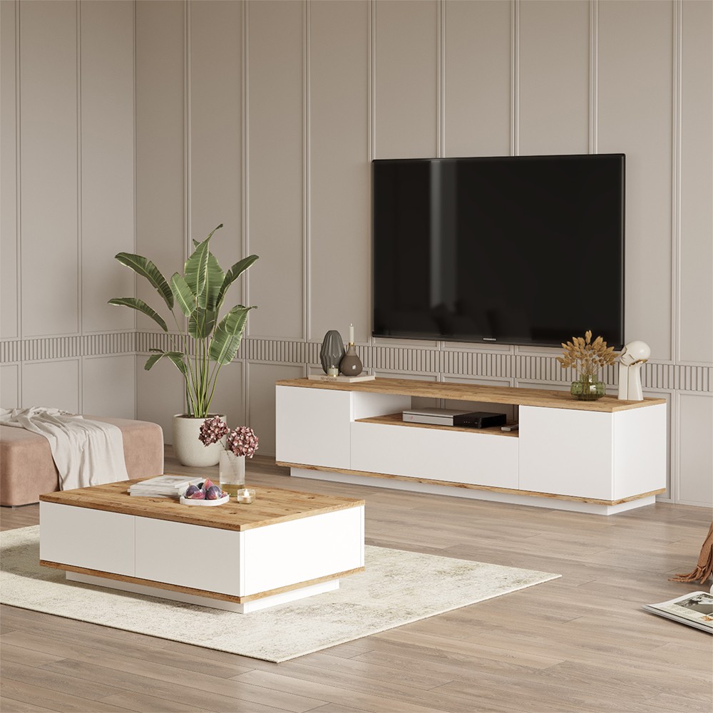 Set mobile TV 3 ante + tavolino basso bianco legno design moderno Award