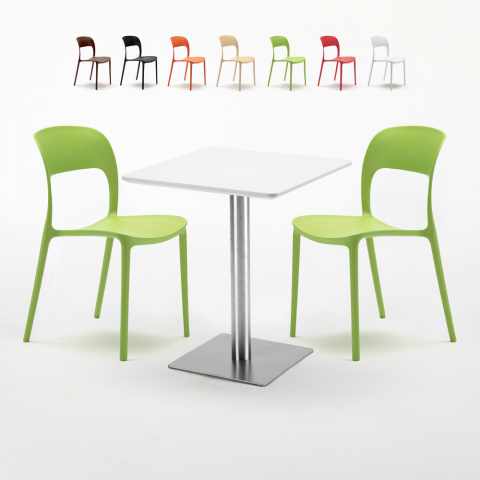 Tavolino Quadrato 60x60 cm Top Bianco con 2 Sedie Colorate Restaurant Hazelnut Promozione