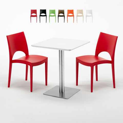 Tavolino Quadrato 60x60 cm Top Bianco con 2 Sedie Colorate Paris Hazelnut