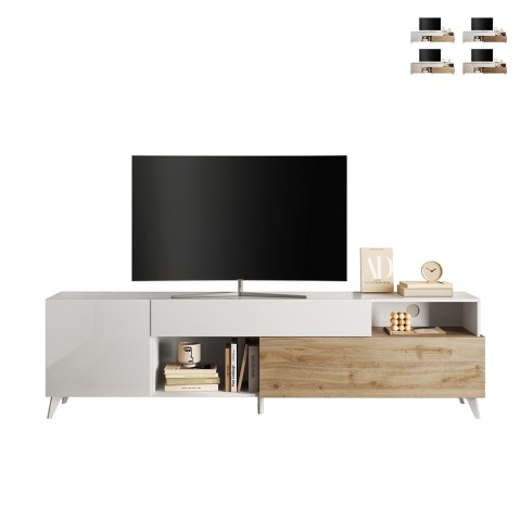 Mobile TV design moderno bianco legno cassetto 2 ante 241x42x67cm Clere Promozione