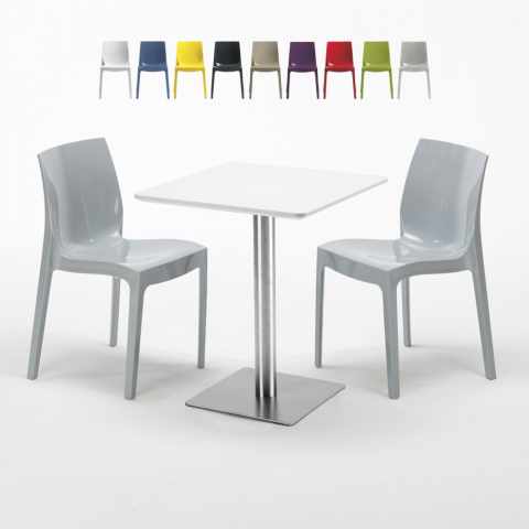 Tavolino Quadrato 60x60 cm Top Bianco con 2 Sedie Colorate Ice Hazelnut Promozione