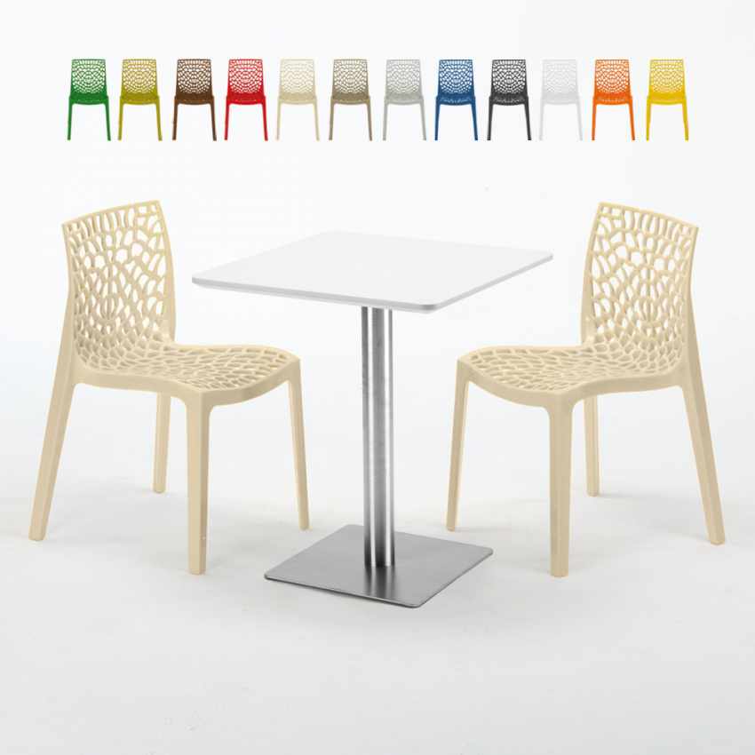 Tavolino Quadrato 60x60 cm Top Bianco con 2 Sedie Colorate Gruvyer Hazelnut