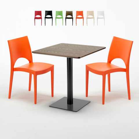 Tavolino Quadrato 70x70 cm Effetto Legno con 2 Sedie Colorate Paris Melon