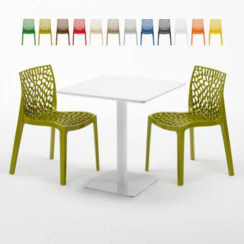 Tavolino Quadrato Bianco 70x70 cm con 2 Sedie Colorate Gruvyer Meringue Promozione