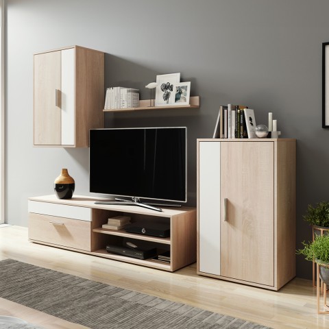 Parete attrezzata moderna TV legno rovere bianco mensola 2 pensili Berno Promozione