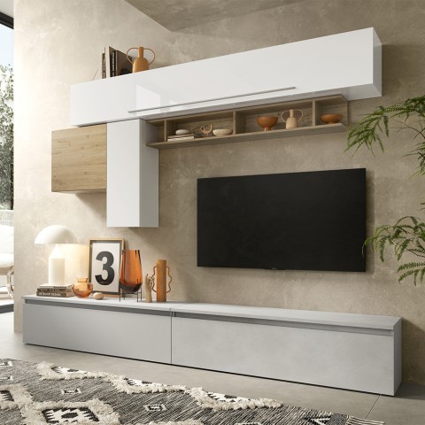 Parete attrezzata tv moderna bianco lucido mensola legno Infinity 17 Promozione