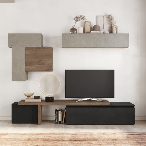 Parete attrezzata moderna tv legno nero mobili sospesi grigio Infinity 34 Promozione