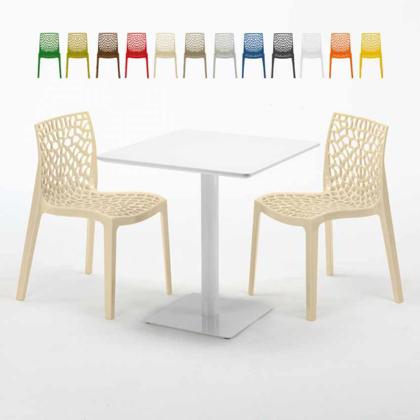Tavolino Quadrato Bianco 70x70 cm con 2 Sedie Colorate Gruvyer Meringue Misure