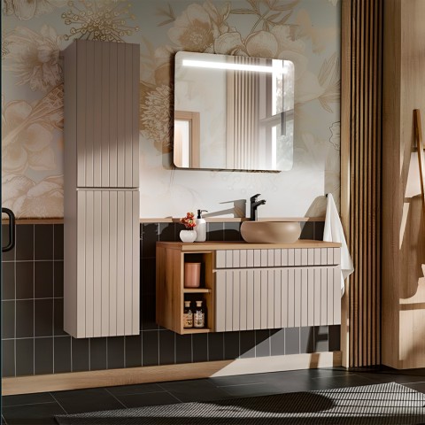 Mobile bagno sospeso lavabo da appoggio beige specchio armadio Coast 100 SNA Promozione