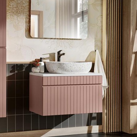 Mobile bagno sospeso 80x46 lavabo da appoggio rosa e bianco Lili 80 Promozione