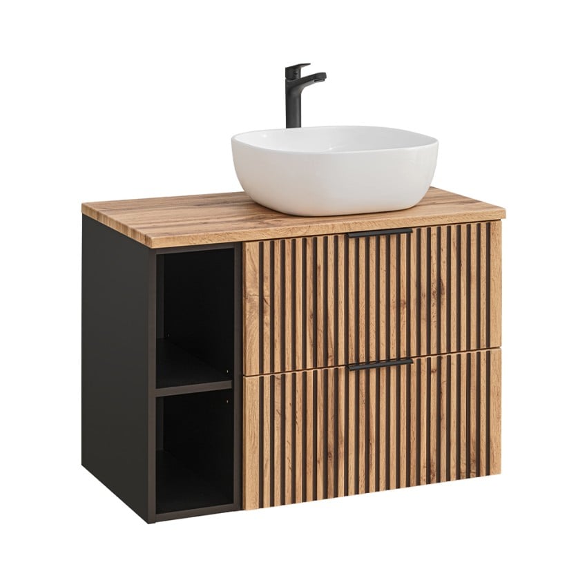 Mobile Bagno Cannettato Sospeso Legno Lavabo Da Appoggio Ceramica Xilo