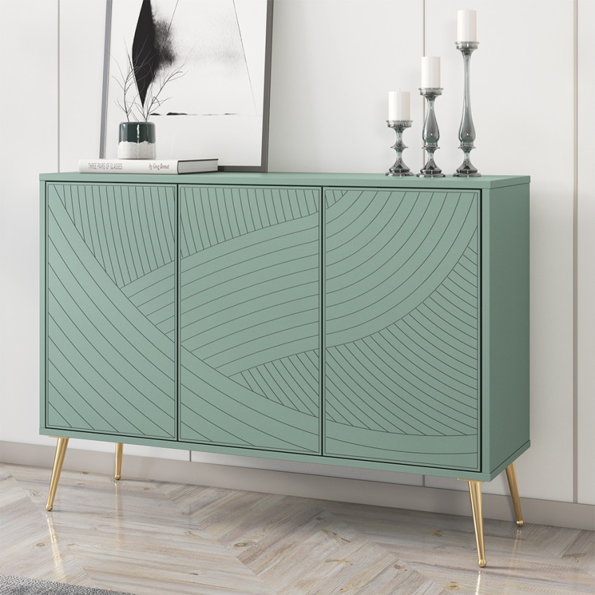 Credenza madia verde 120 cm soggiorno cucina 3 ante piedini dorati Luke Promozione