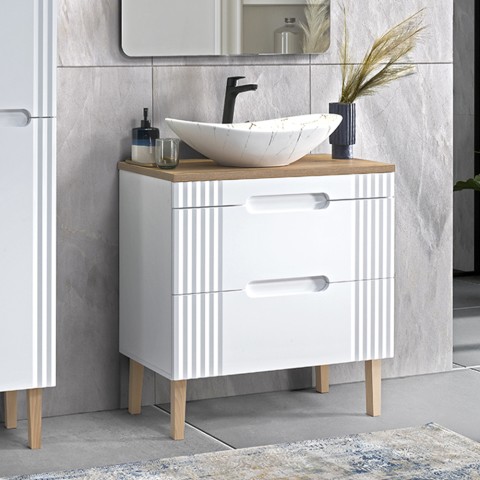 Mobile bagno a terra bianco legno lavabo da appoggio effetto marmo Fiji Promozione