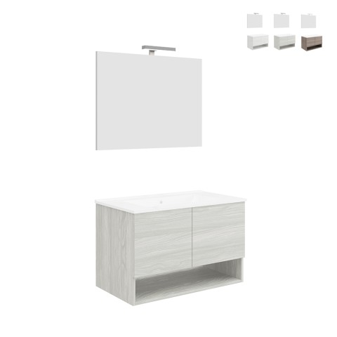 Mobile bagno design sospeso con ante lavandino 80cm specchio LED Oslo 80 Promozione