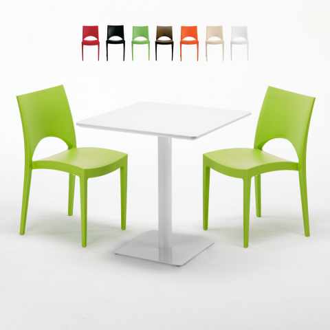 Tavolino Quadrato Bianco 70x70 cm con 2 Sedie Colorate Paris Meringue Promozione