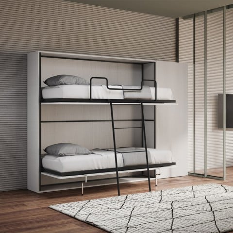 Letto a castello doppio a scomparsa bianco moderno con armadio Kando H Promozione