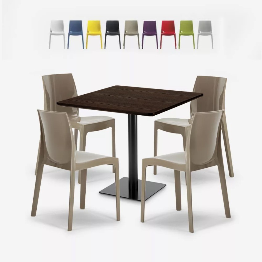 Set tavolino legno metallo Horeca 90x90cm 4 sedie impilabili bar ristorante Yanez Sconti