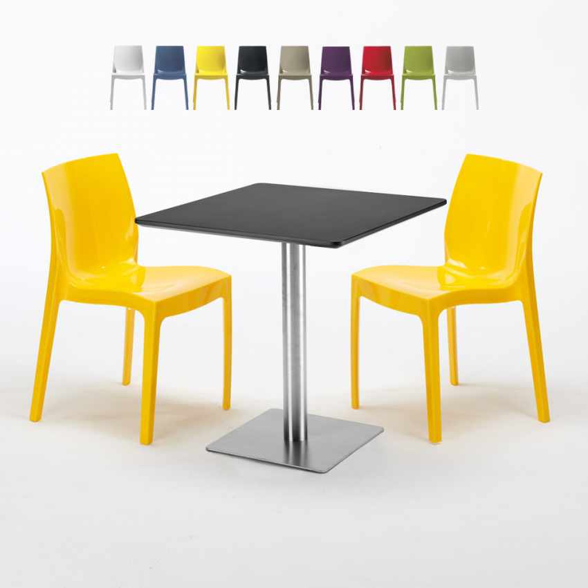 Tavolino Quadrato Nero 70x70 cm con 2 Sedie Colorate Ice Kiwi