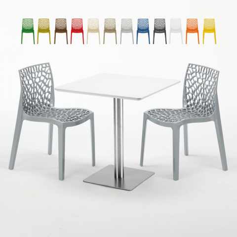 Tavolino Quadrato Bianco 70x70 cm con Base in Acciaio e 2 Sedie Colorate Gruvyer Strawberry
