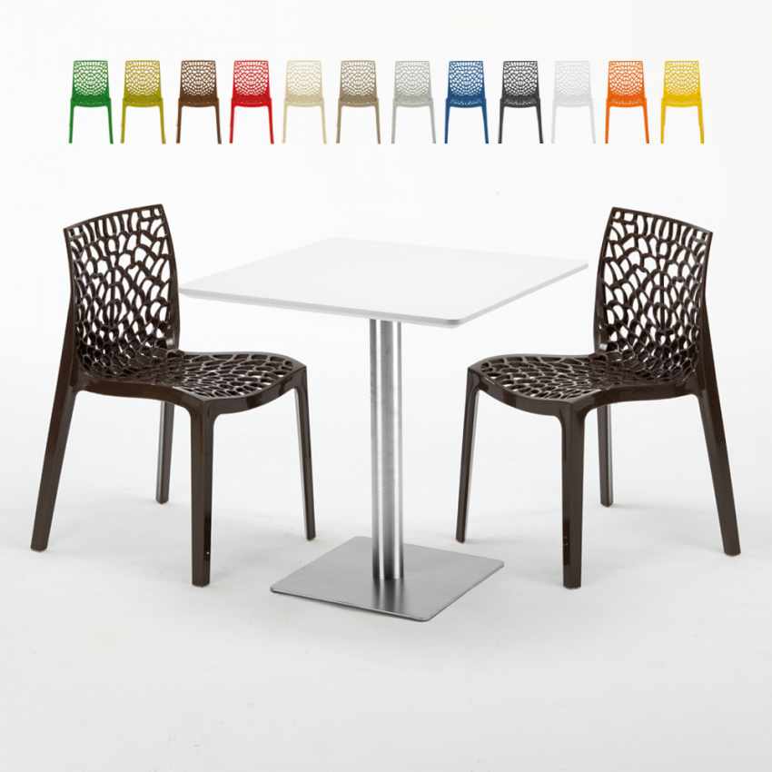 Tavolino Quadrato Bianco 70x70 cm con Base in Acciaio e 2 Sedie Colorate Gruvyer Strawberry Caratteristiche