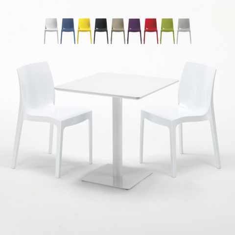 Tavolino Quadrato Bianco 70x70 cm con 2 Sedie Colorate Ice Meringue Promozione