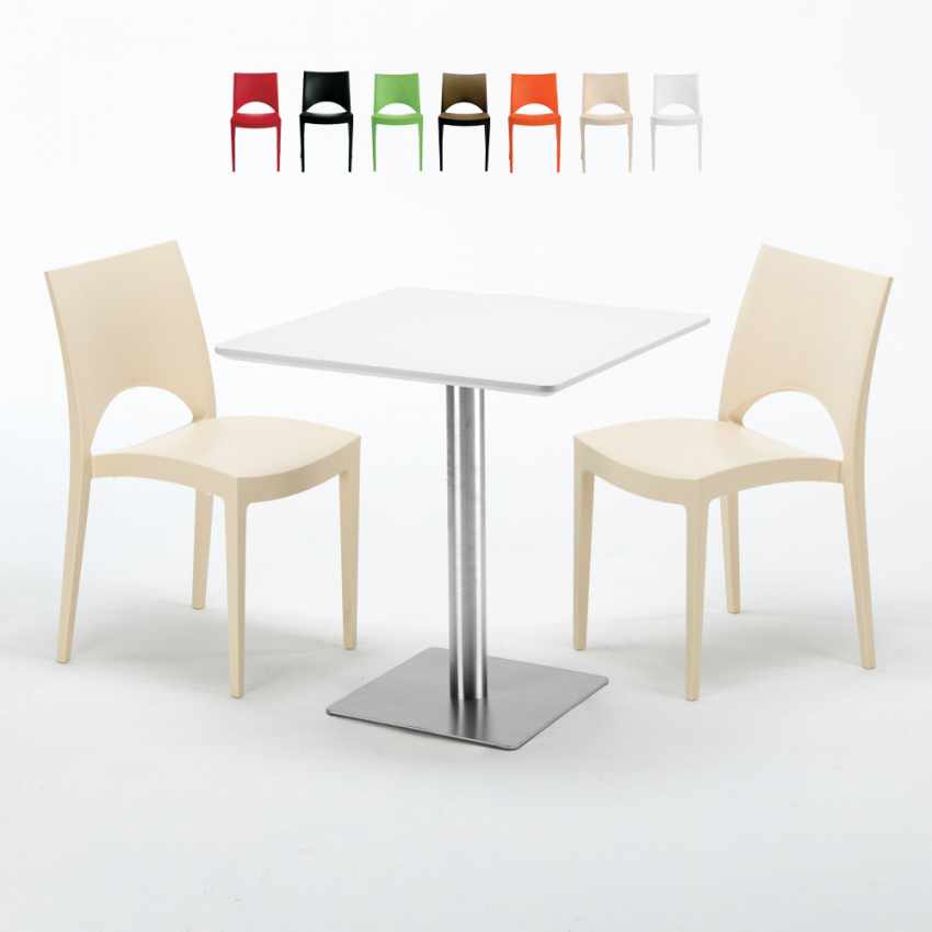 Tavolino Quadrato Bianco 70x70 cm con Base in Acciaio e 2 Sedie Colorate Paris Strawberry Vendita