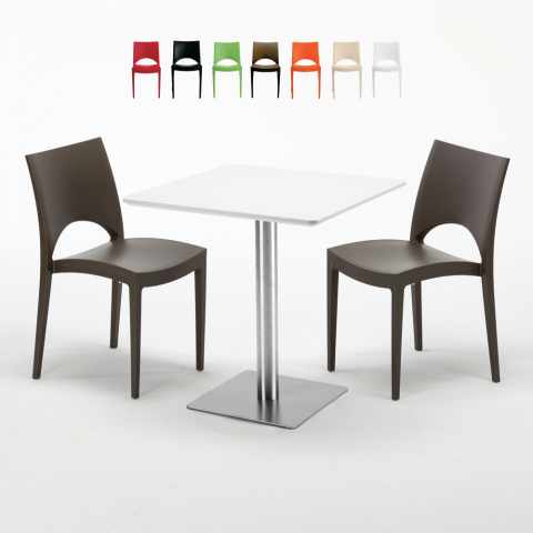Tavolino Quadrato Bianco 70x70 cm con Base in Acciaio e 2 Sedie Colorate Paris Strawberry