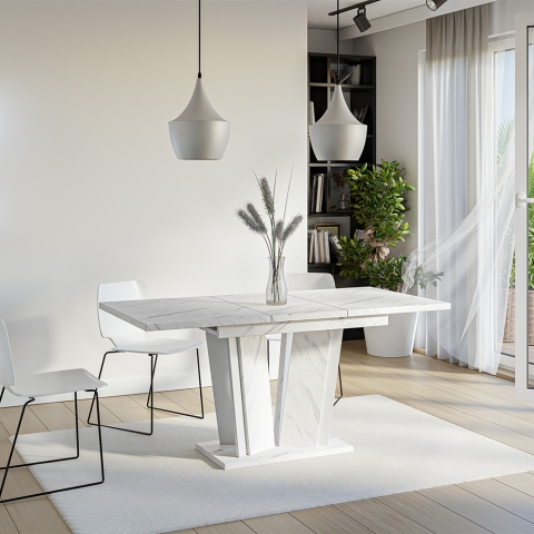 Tavolo allungabile bianco da cucina effetto marmo 80x120-160cm Doha 2 Promozione