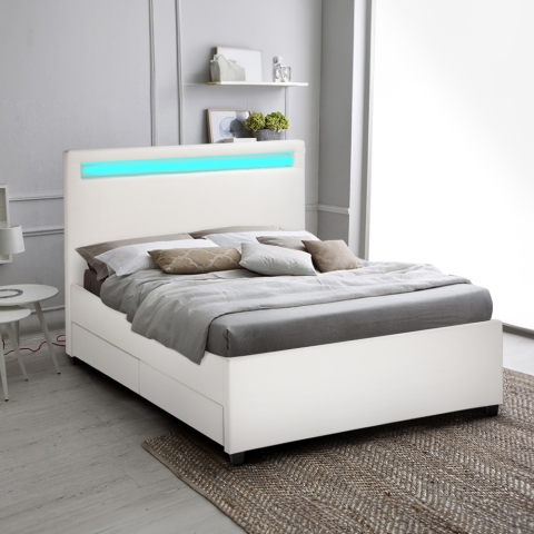 Letto francese 1 piazza e mezza con rete testiera moderno led cassetti 120x190 Geneva Promozione