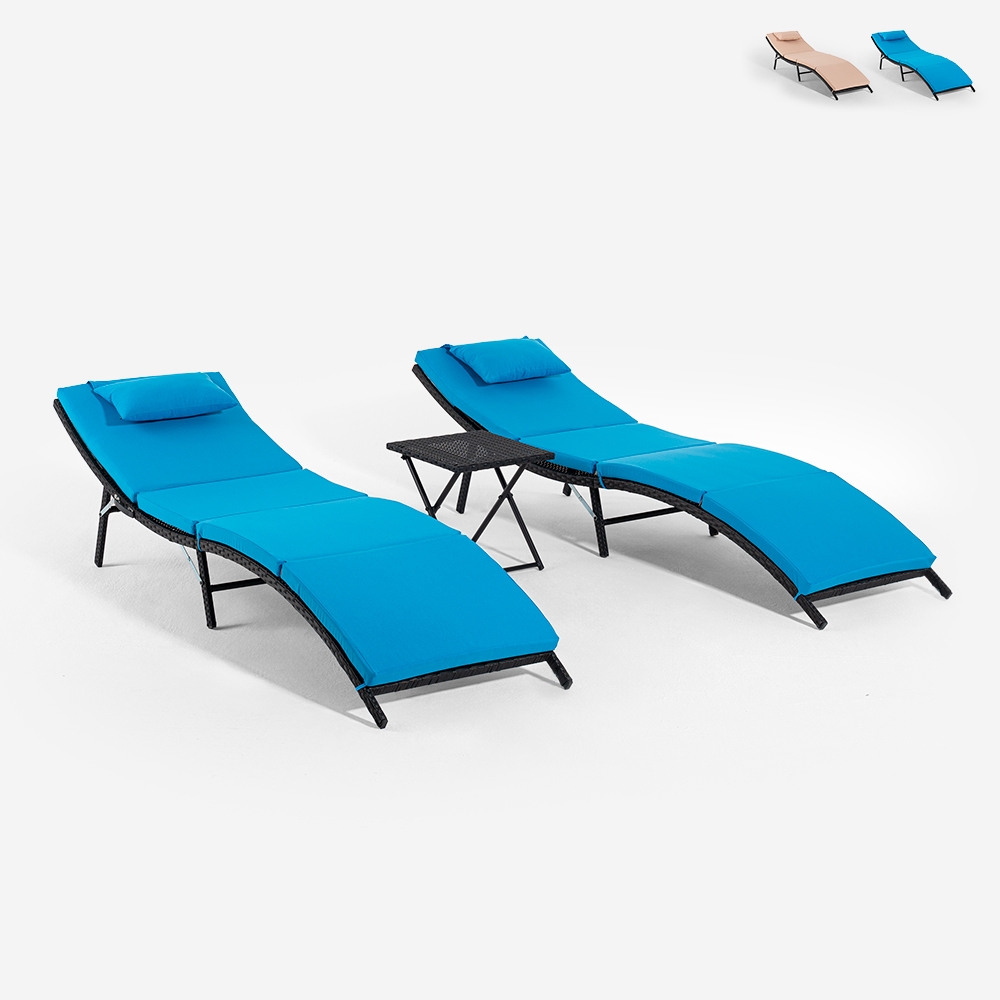 Set 2 lettini da giardino in rattan con tavolino pieghevole Lanzarote
