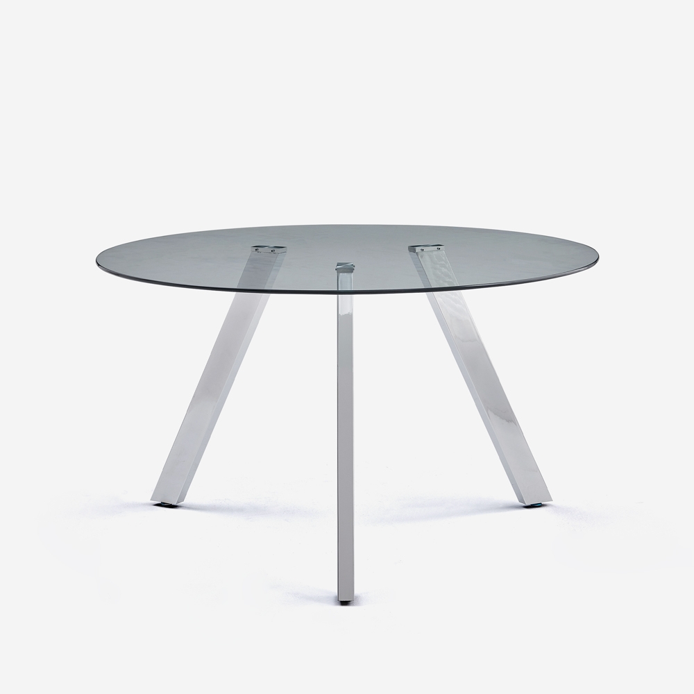 Tavolo design moderno in vetro rotondo 130cm con gambe in metallo Orun Promozione Tavolo design moderno in vetro rotondo 130cm con gambe in metallo Orun Promozione