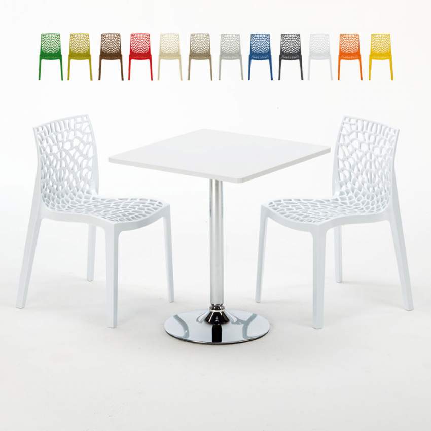 Tavolino Quadrato Bianco 70x70 cm con Base in Acciaio e 2 Sedie Colorate Gruvyer Cocktail Offerta