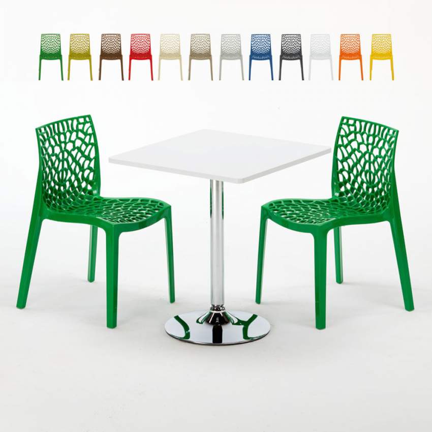 Tavolino Quadrato Bianco 70x70 cm con Base in Acciaio e 2 Sedie Colorate Gruvyer Cocktail Prezzo