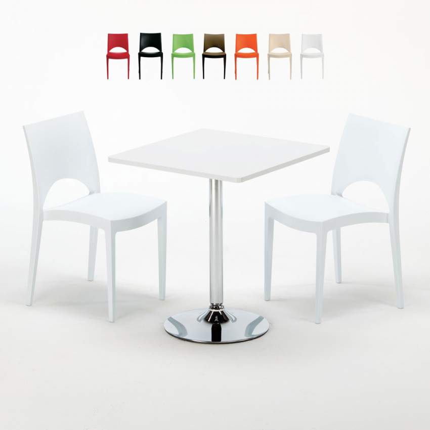 Tavolino Quadrato Bianco 70x70 cm con 2 Sedie Colorate Paris Cocktail Saldi