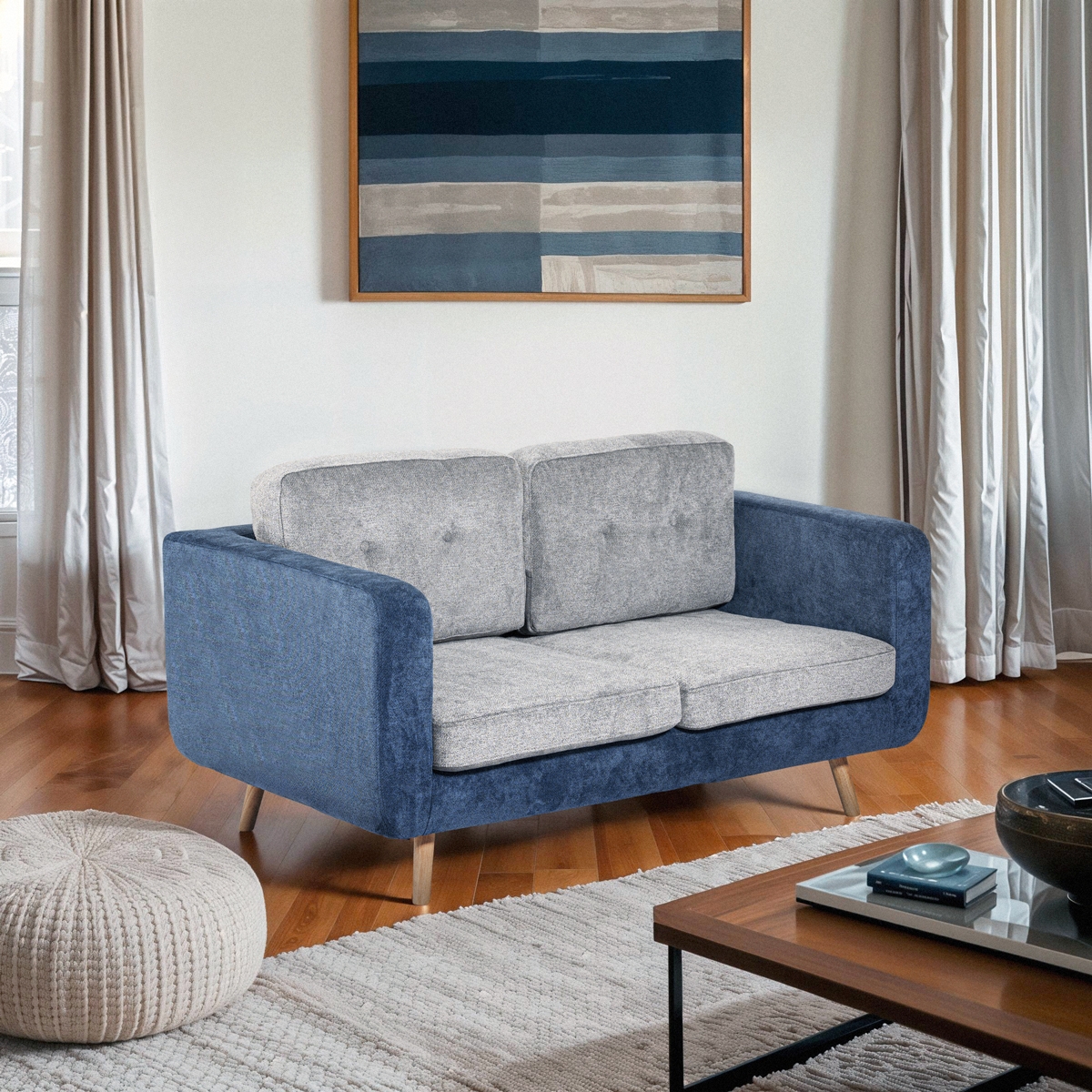 Divano 2 posti in tessuto bicolore grigio e blu cuscini reversibili Biko