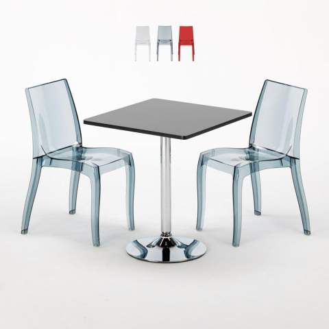 Tavolino Quadrato Nero 70x70 cm con 2 Sedie Colorate Trasparenti Cristal Light Platinum Promozione