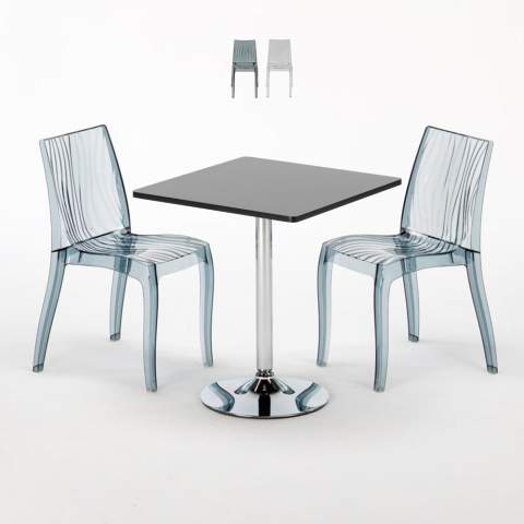 Tavolino Quadrato Nero 70x70 cm con 2 Sedie Colorate Trasparenti Dune Platinum