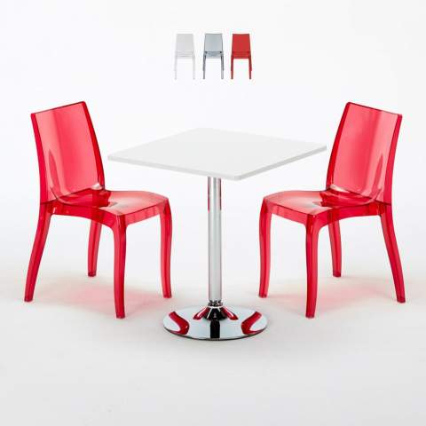 Tavolino Quadrato Bianco 70x70 cm con 2 Sedie Colorate Trasparenti Cristal Light Titanium Promozione