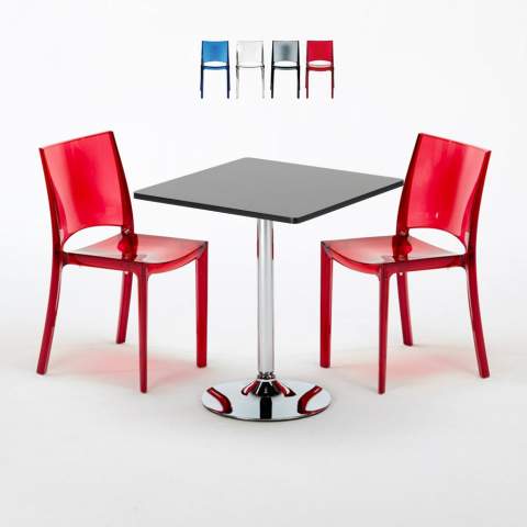 Tavolino Quadrato Nero 70x70 cm con 2 Sedie Colorate Trasparenti B-Side Phantom