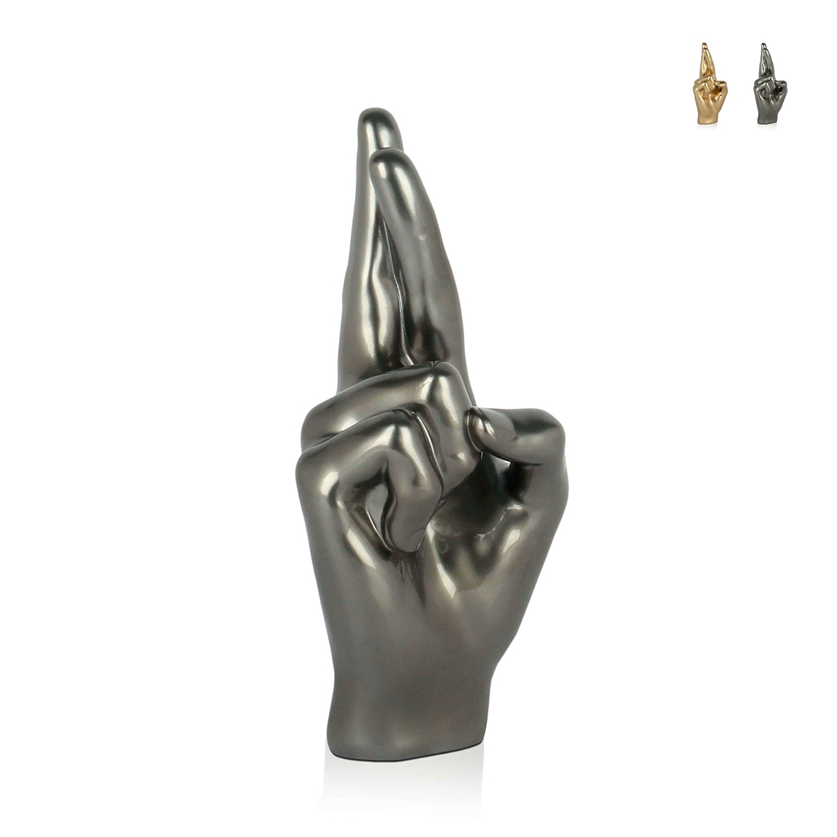 Scultura in resina effetto metallo dita incrociate statua moderna Aira Promozione