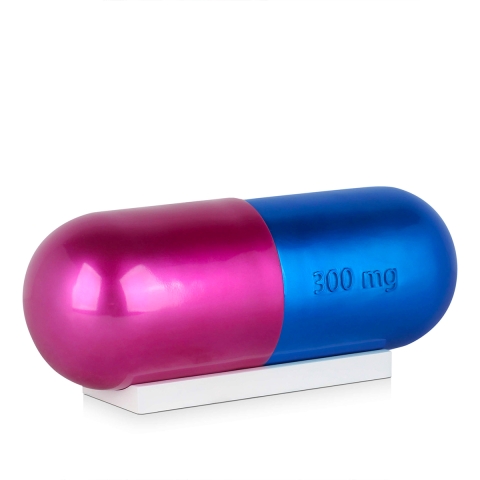Scultura moderna in resina effetto metallo pillola blu e fucsia Sira-BV Promozione