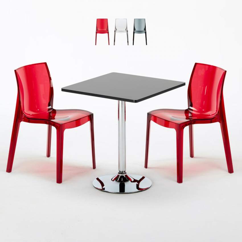 Tavolino Quadrato Nero 70x70 cm con 2 Sedie Colorate Trasparenti Femme Fatale Phantom
