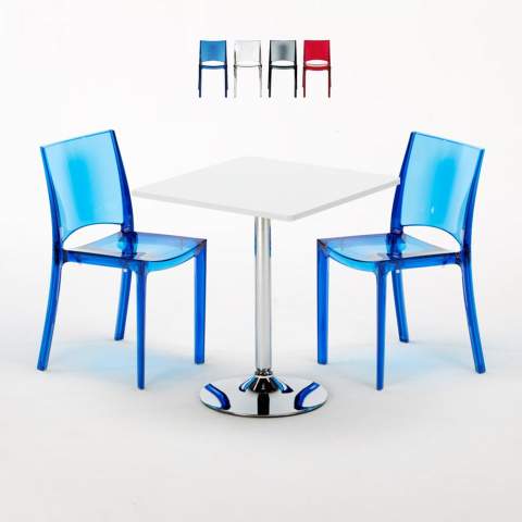 Tavolino Quadrato Bianco 70x70 cm con 2 Sedie Colorate Trasparenti B-Side Demon