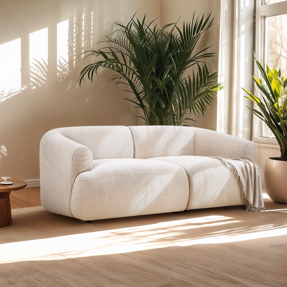 Divano modulare componibile curvo 2 posti in tessuto beige Yuna-2 Promozione Divano modulare componibile curvo 2 posti in tessuto beige Yuna-2 Promozione