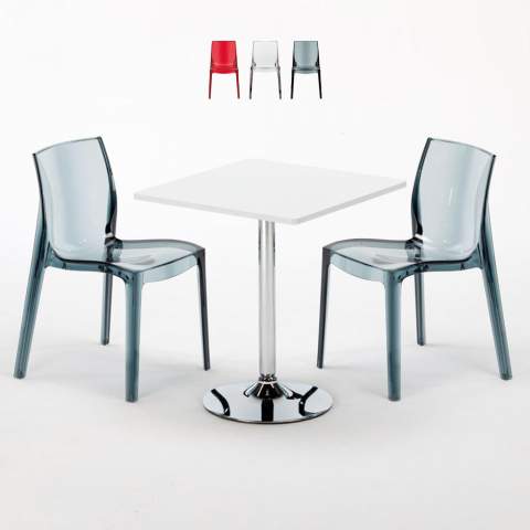 Tavolino Quadrato Bianco 70x70 cm con 2 Sedie Colorate Trasparenti Femme Fatale Demon