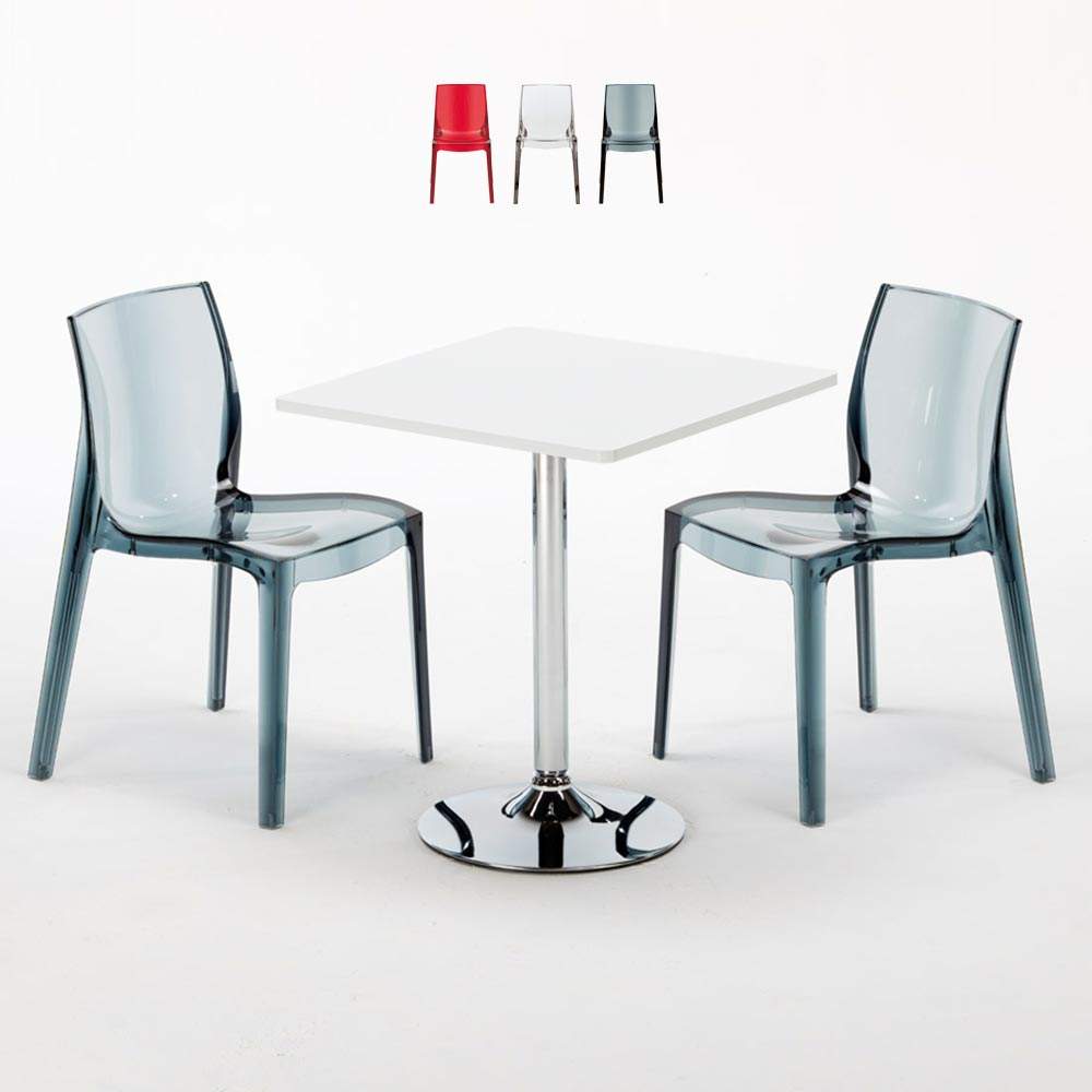Tavolino Quadrato Bianco 70x70 cm con 2 Sedie Colorate Trasparenti Femme Fatale Demon