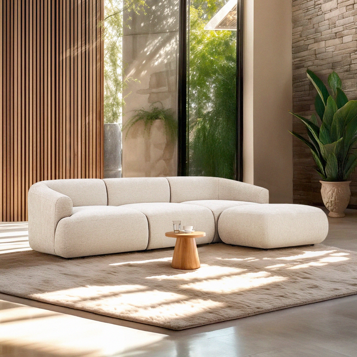 Divano componibile 3 posti curvo modulabile con pouf in tessuto Yuna-3P